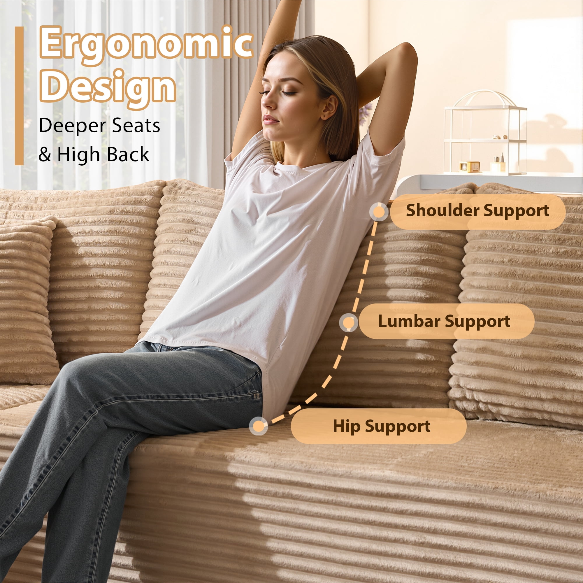 Vcatnet 135" Oversized Cloud Sectional Sofa Couch Plush Corduroy Couch L Shaped Modern Minimalist Couch with Chaise for Living Room, Beige