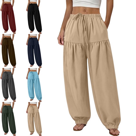 MLCDZ Women's Pants Casual Smocked Elastic High Waisted Wide Leg Pants Drawstring Loose Cotton Linen Trousers with Pockets