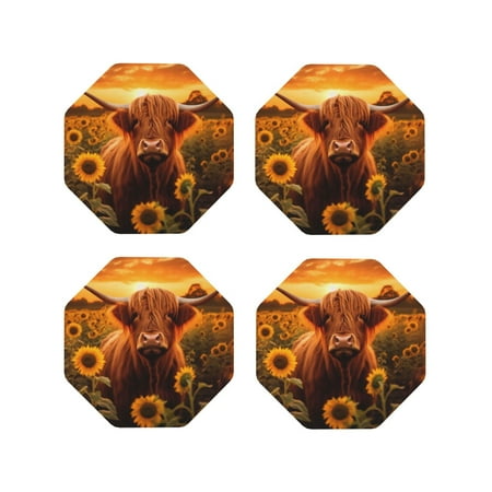 

Junzan Vintage Sunflower Cow B Print Coasters for Drinks - Leather Coasters Set of 4 for Coffee Table for Housewarming/Kitchen/Bar/Decor-Octagon