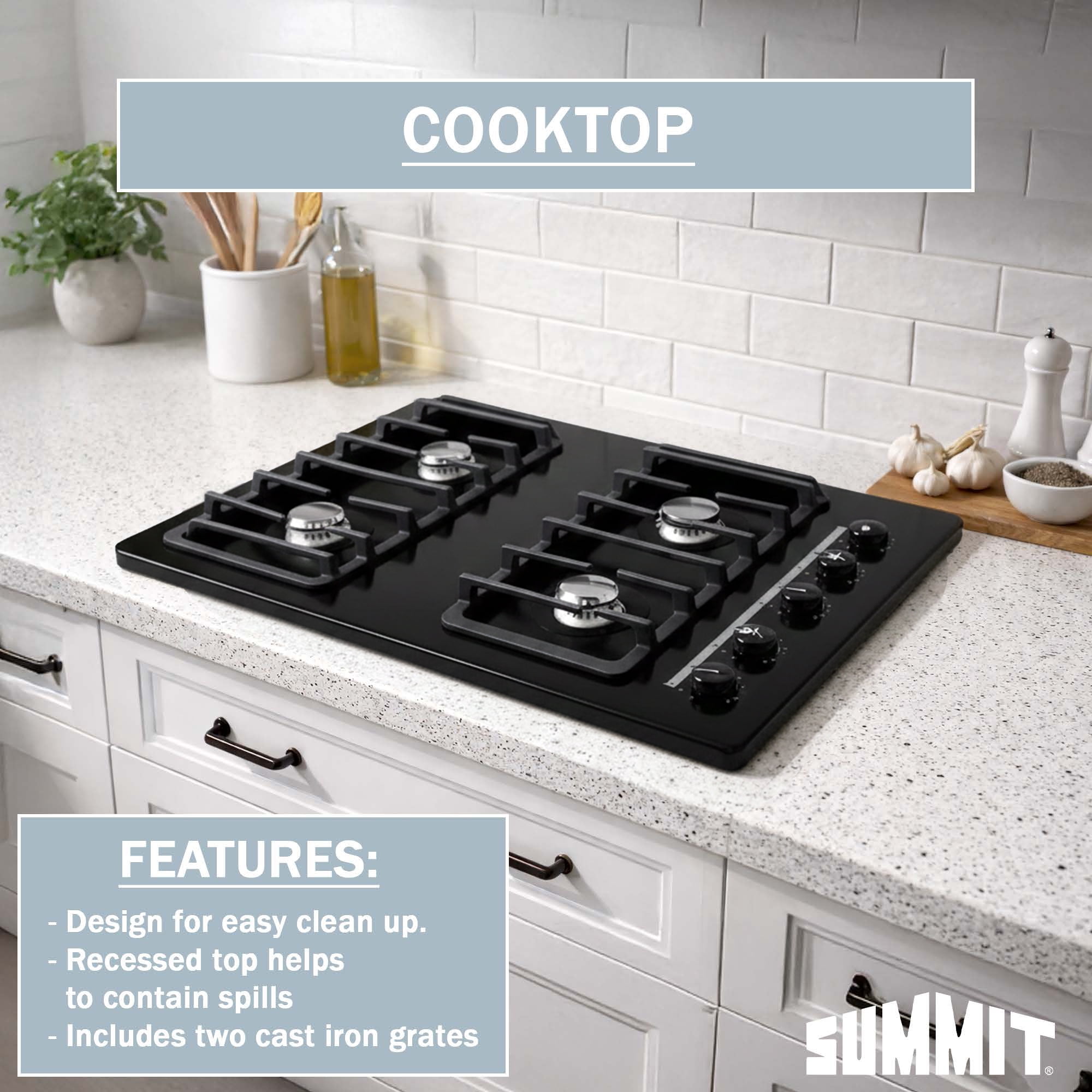 Summit 30" Gas Cooktop, 4-Burner, Electric Ignition, 115V, Black - TNL053I