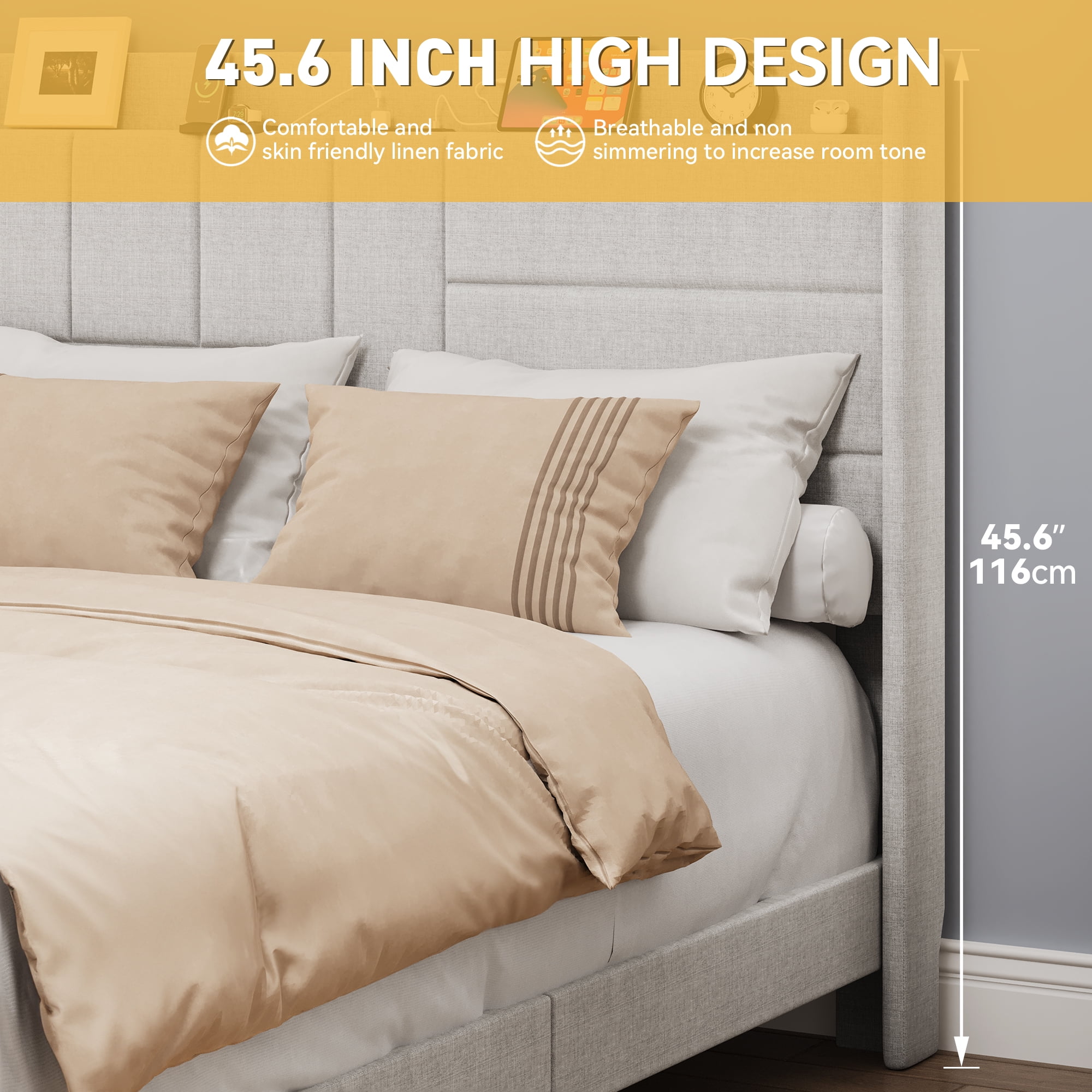 Dextrus Queen Bed Frame with USB Charging Station, Linen Upholstery, Tall Headboard, No Box Spring Needed, Sturdy Wood Slats Support - Beige