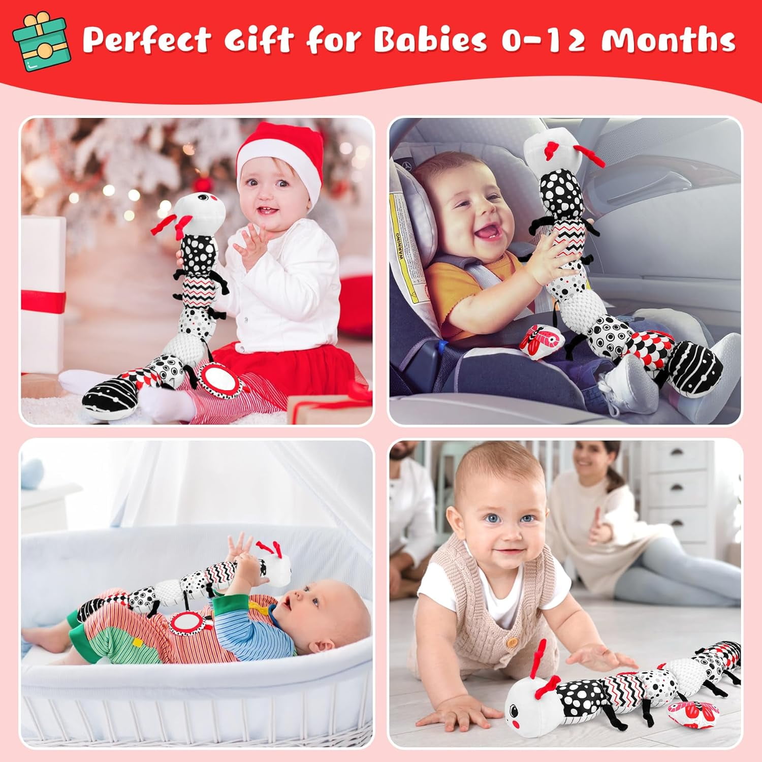 Musical Baby Growth Chart Plush Toy with Mirror, Rattle & Teether, Crawling Companion for 0-12 Months Infant Gift