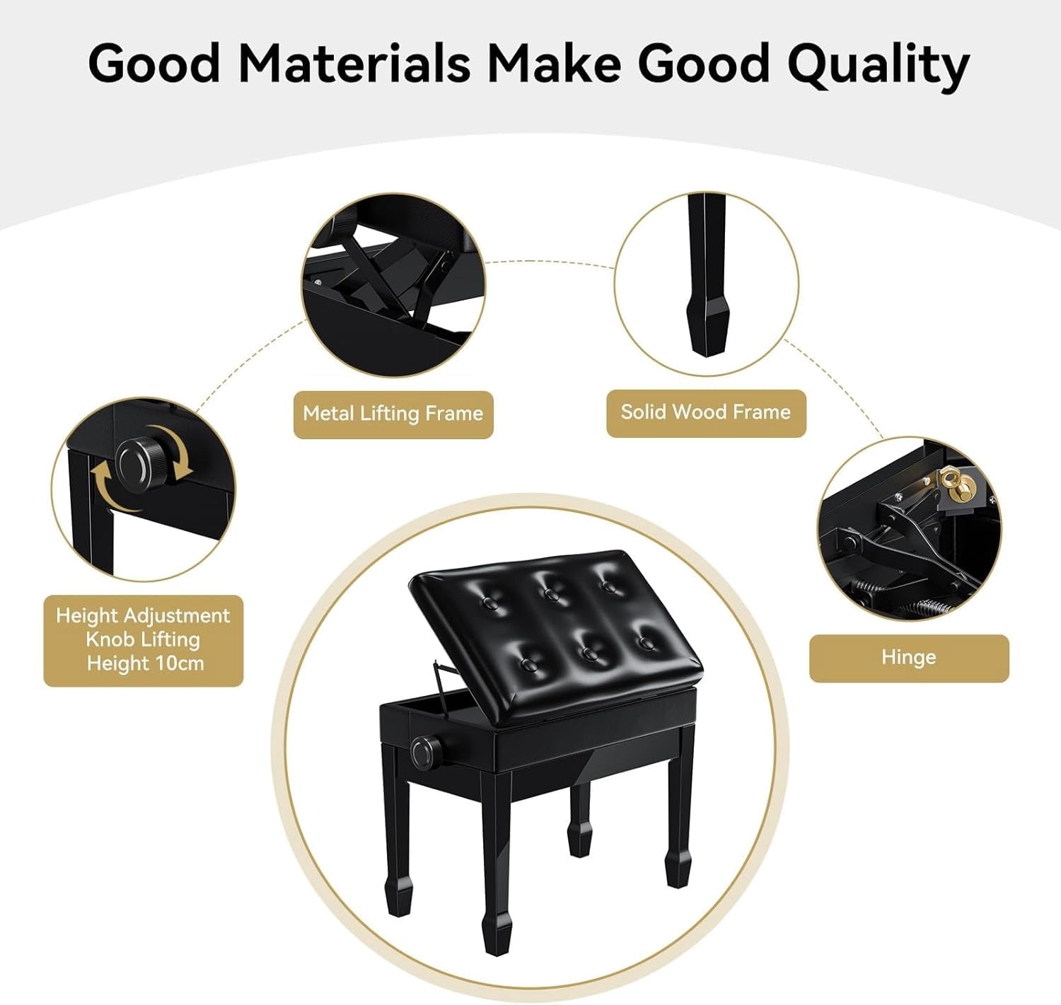 Adjustable Duet Piano Bench With Sheet Music Storage  Solid Wooden Keyboard Bookcase Stool Chair Seat High-density Sponges Cushion