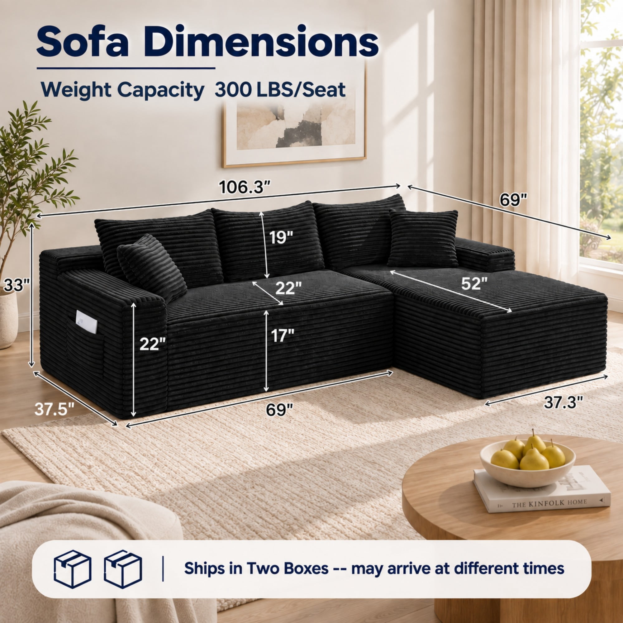 DEALTOPS 106" Corduroy L-Shape Sectional Sofa, Modular Floor Cloud Couch with Right Chaise, Black
