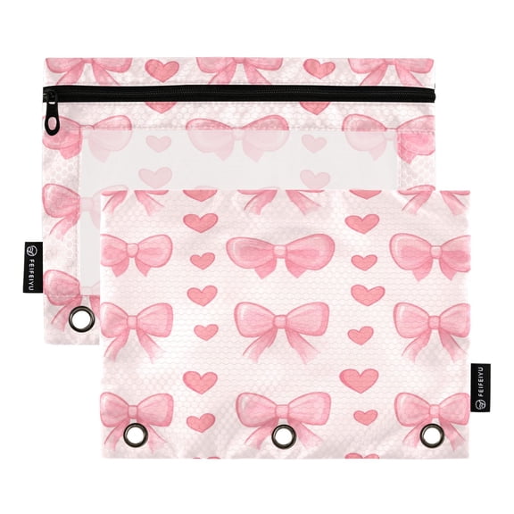 2 Pack Pencil Bag 9.84x6.1 Inch 3-Ring Page Turning Folder Zipper Pencil Case Pencil Bag Page Turning File Bag Pink Bow