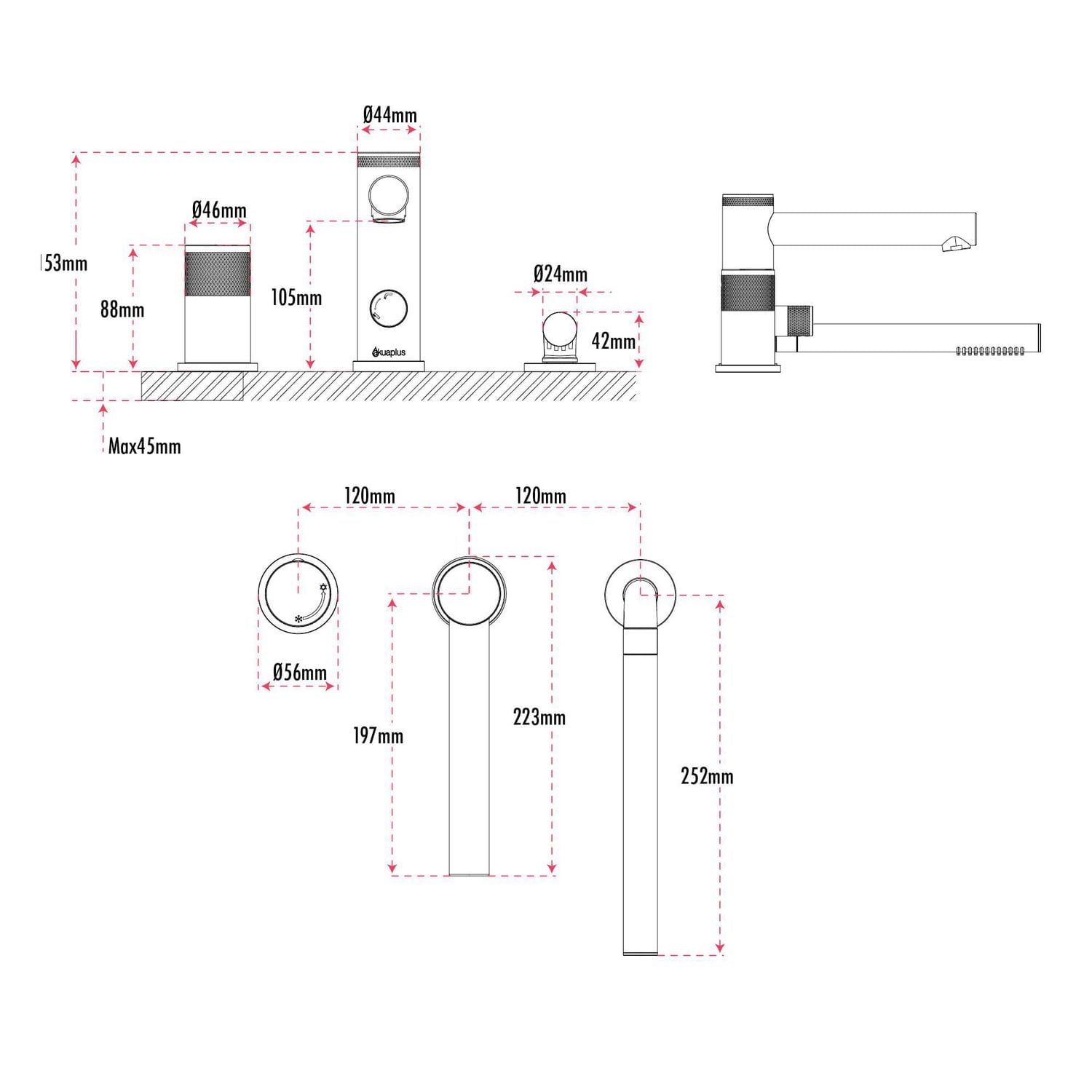 akuaplus® Roman Bathtub Faucet CLAUDIA with Hand Shower in solid brass - 3 Pieces.