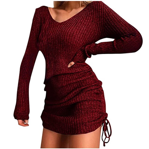 Moda mujer pulóver manga larga otoño sólido Casual cuello en V sudadera vestido con cordón Fridja NMB3417