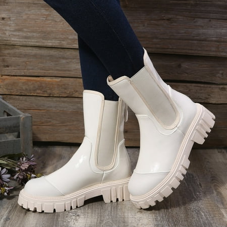 

ZMHEGW Boots For Women Ladies Solid Color Leather Panel Round Toe Back Zipper Platm Mid Boots Shoes