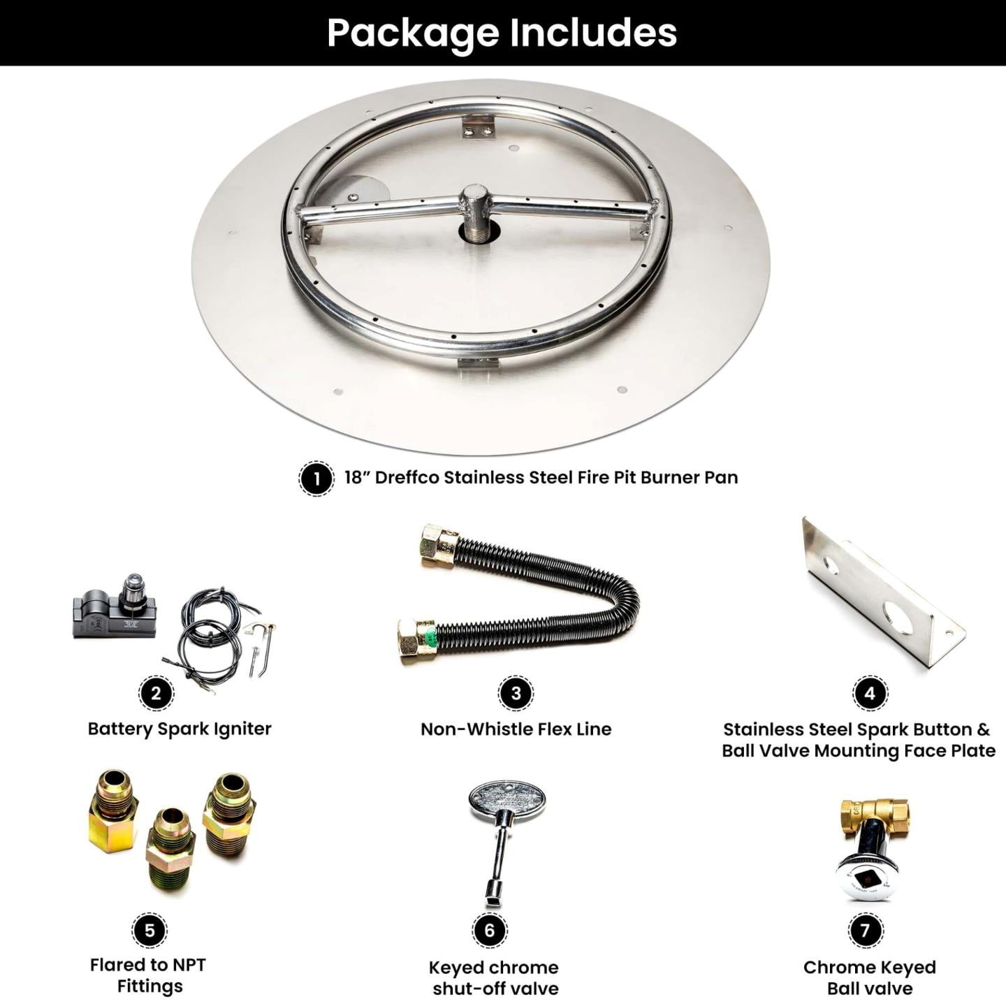 Dreffco Stainless Steel Fire Pit Burner Pan & Ring Standard Kit with Spark Ignition for Natural Gas, 18-Inch Pan, 12-Inch Ring, 90,000 BTU Max