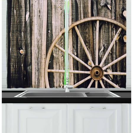 Panel Wagon - Barn Wood Wagon Wheel Curtains 2 Panels Set, Wooden Barn Door and Vintage Rusty Wheel Rustic Home Farm, Window Drapes for Living Room Bedroom, 55W X 39L Inches, Black Pale Brown, by Ambesonne