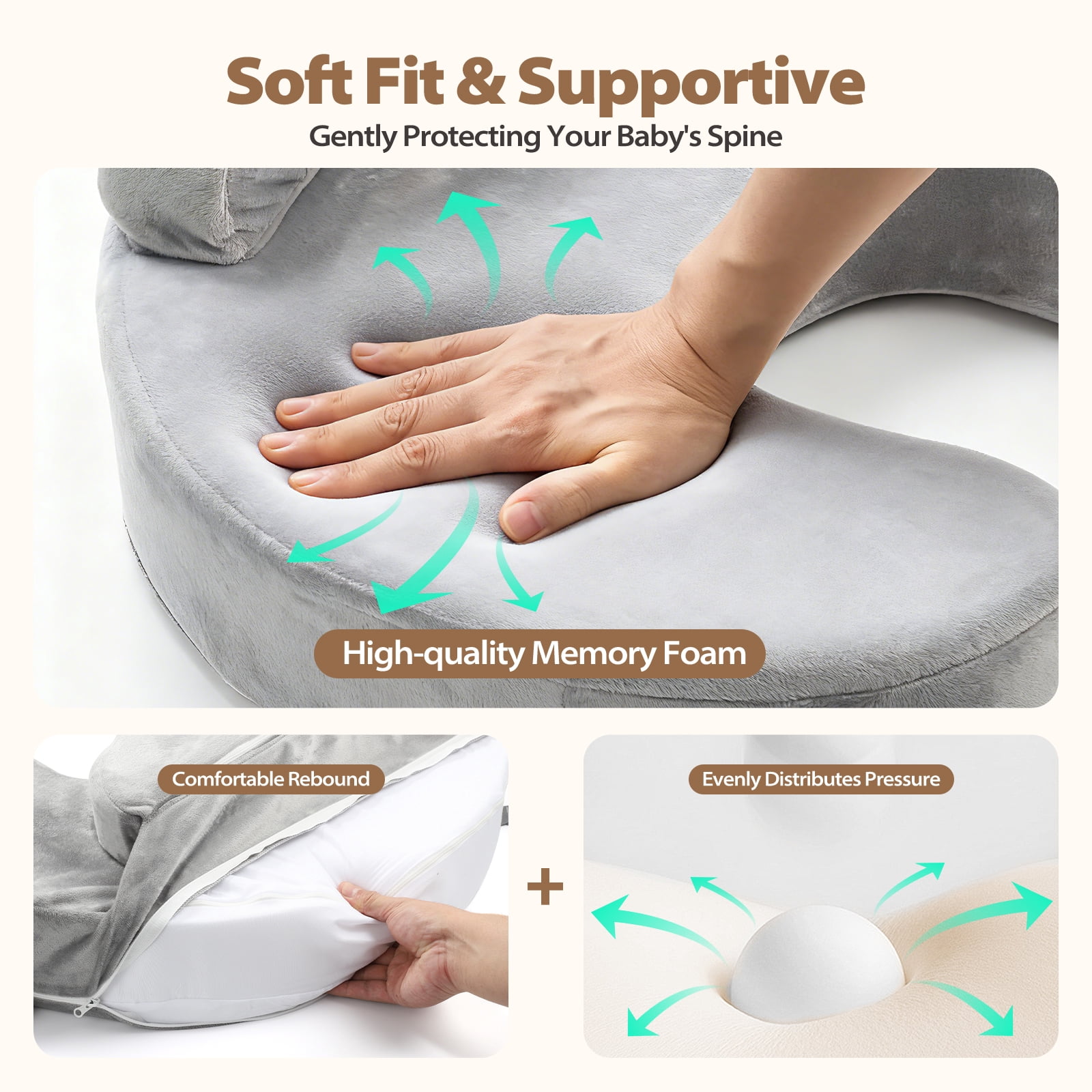 ACGROW Nursing Pillow - Memory Foam Bottle & Breastfeeding Pillow with Safety Fence - Ergonomic Support, with Wider Breast Feeding Cushion, Adjustable, Removable Cover, Baby Safety Certified Gray