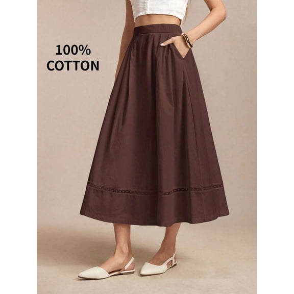 Brown Womens 100% Cotton A-Line Midi Skirt With Lace Hem And Side Pocket
