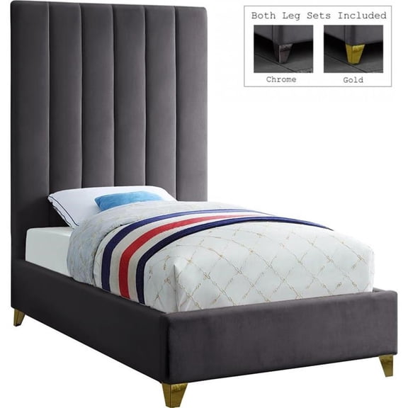 Meridian Furniture Via Rich Velvet Twin Bed in Gray