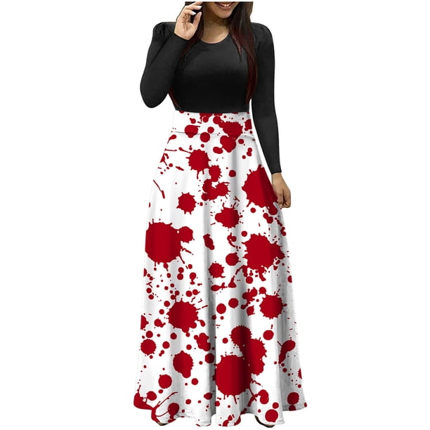 Vestido largo de manga larga con cuello redondo y estampado de Halloween para mujer Fridja yut2718