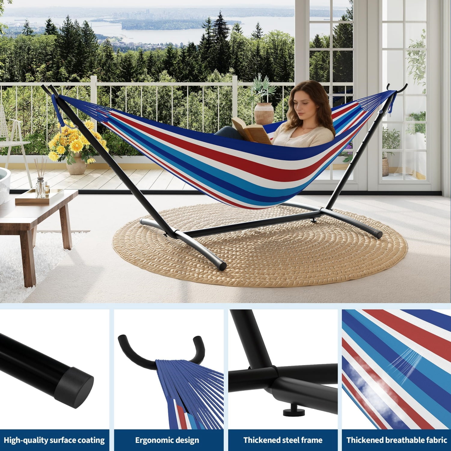 JoanKaren Double Hammock with Portable Space Saving Heavy-Duty Steel Stand,2 Person Outdoor 450lb Capacity Standing Hammocks,Indoor/Outdoor,Blue & White & Red Stripes