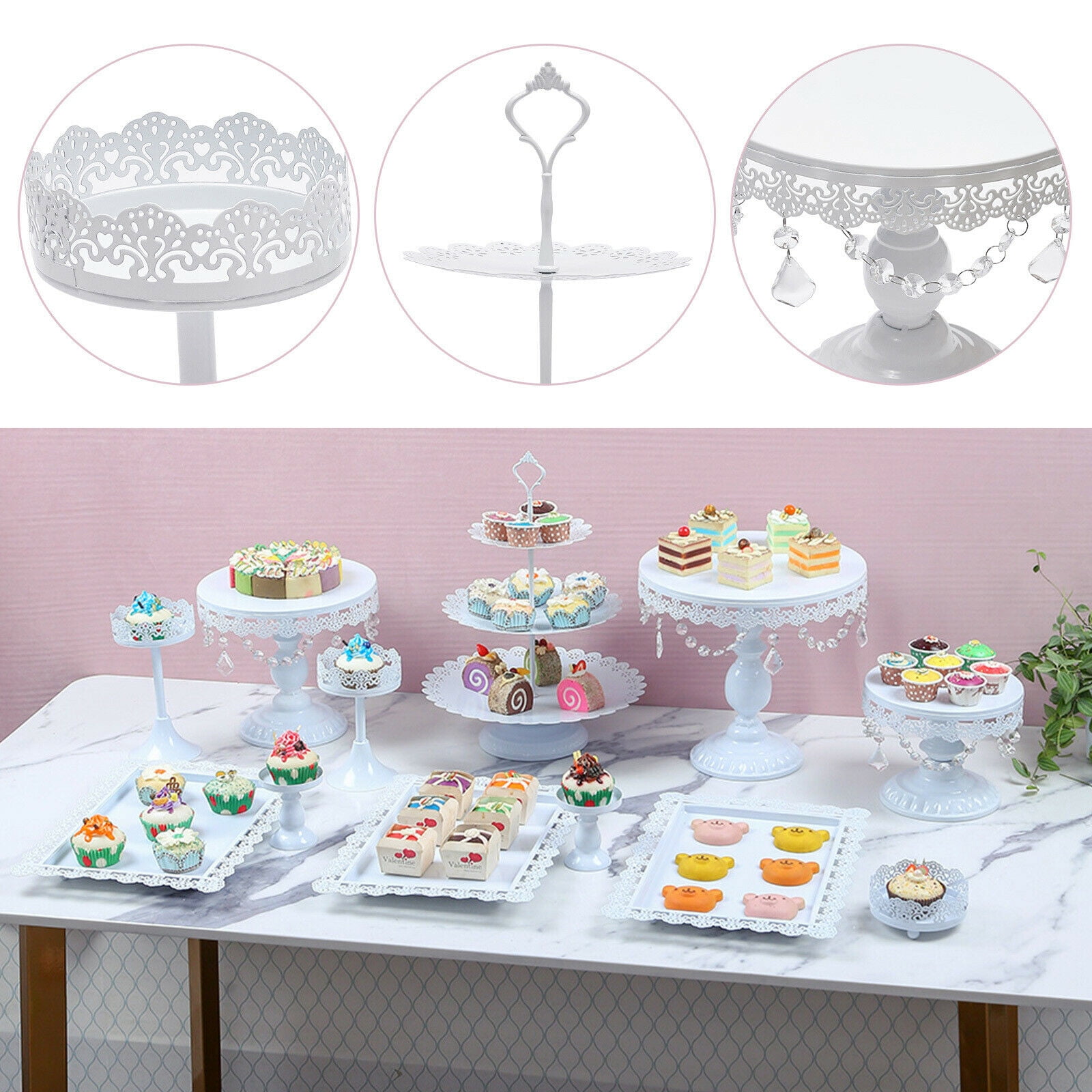 12pcs Crystal Cake Holder Wedding Dessert Cupcake Stand Set Metal Plates Pink US 