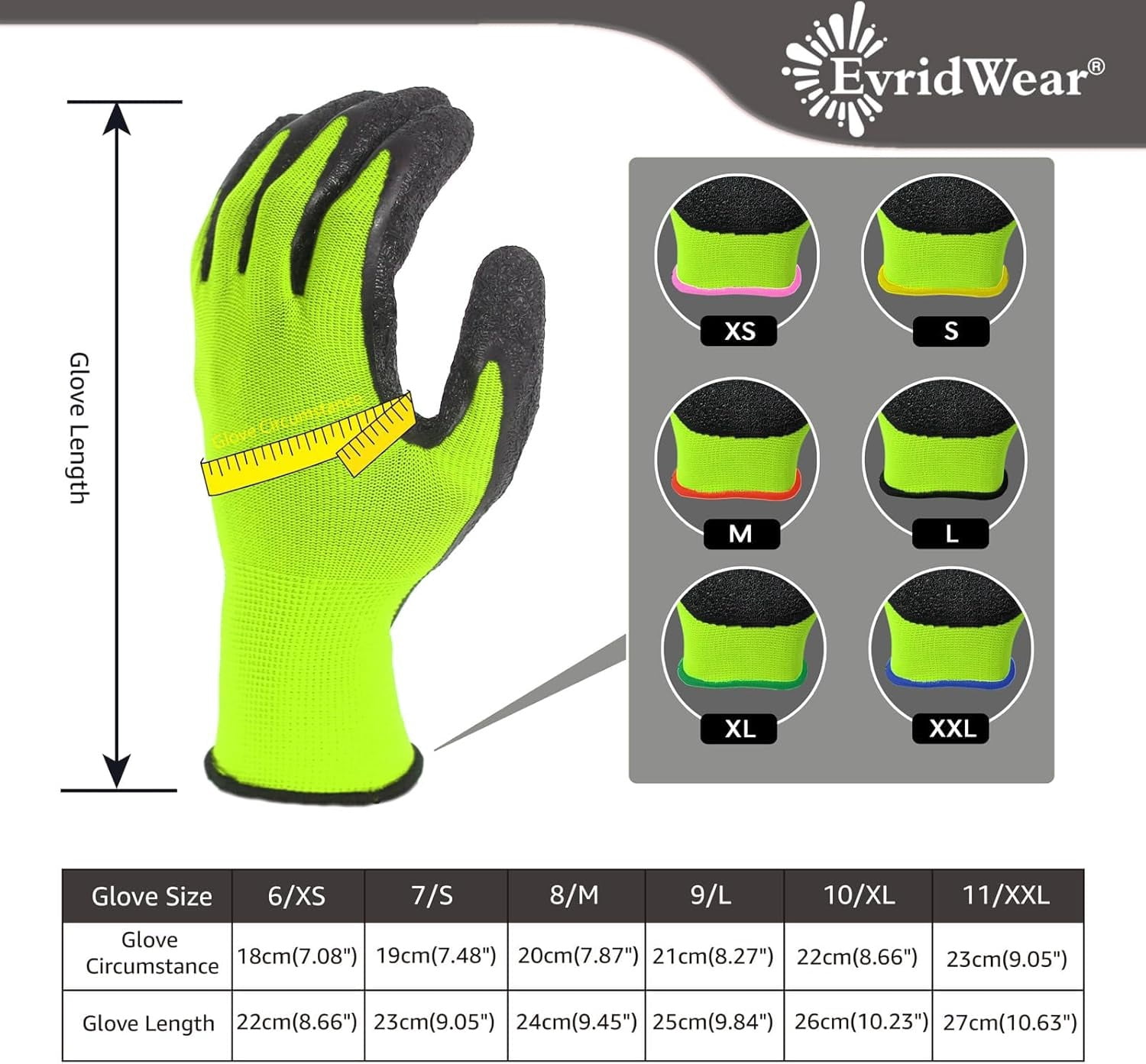 EvridWear 12 Pairs Latex Rubber Coated Safety Work Gloves Men Women Construction Warehouse Gardening (S)