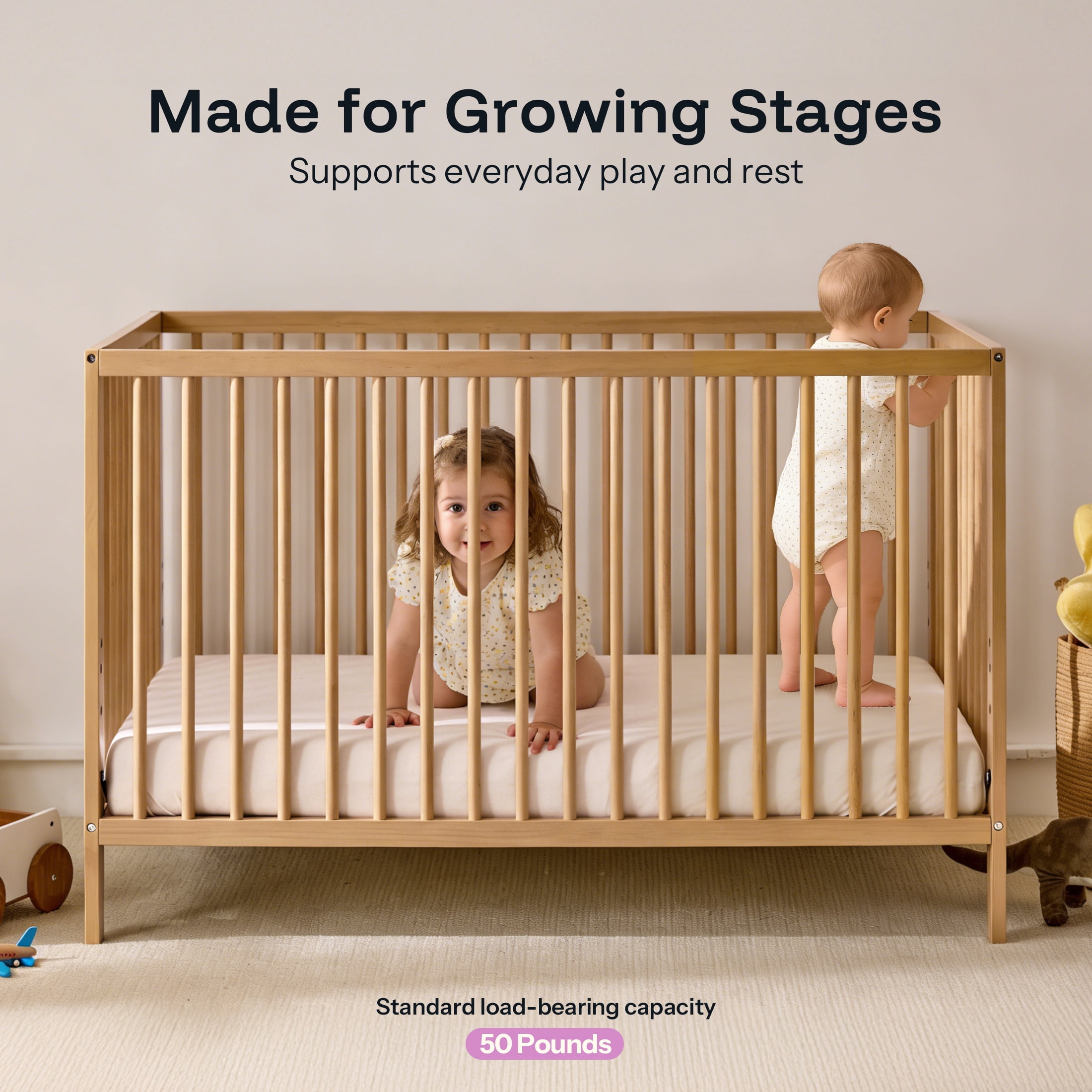 Harppa Convertible Baby Crib for Infant to Toddler,Natural,Greenguard Gold Certified