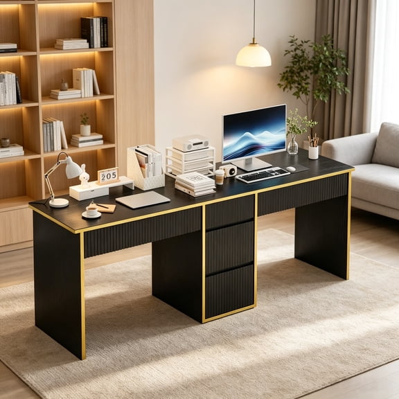 DreamCurship 78 inch Two Person Desk with 5 Drawers, Computer Desk with Storage Shelves, Double Desk with Storage for 2 People, Home Office Work Desk, Black