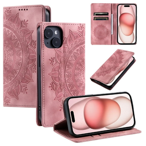 SaniMore for iPhone 13 Case, PU Leather Embosed Mandala Flower Wallet Protective Phone Cover Card Slots Pocket Purse Women Men Kickstand Vintage Shockproof Anti-fall Shell, Pink