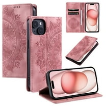 SaniMore for iPhone 13 Case, PU Leather Embosed Mandala Flower Wallet Protective Phone Cover Card Slots Pocket Purse Women Men Kickstand Vintage Shockproof Anti-fall Shell, Pink