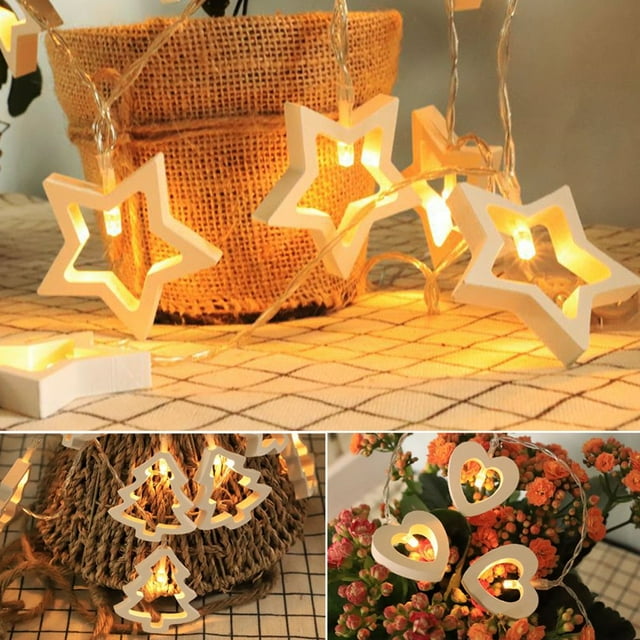 10/20LEDs Wooden Star/Heart/ Tree Flexible Fairy String Lights Bedroom Decor