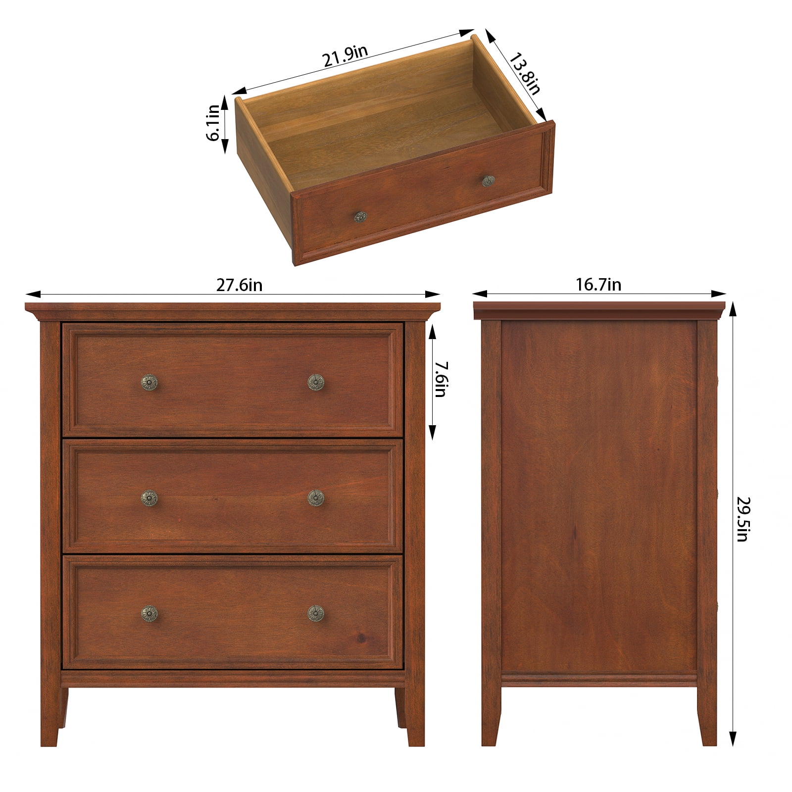 IKENO Nightstand with 3 Drawers & Charging Station, Caramel