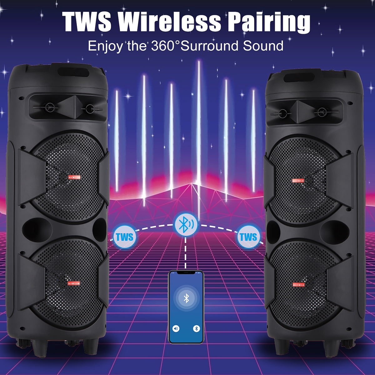 RIDWIND 6000W Peak Power Bluetooth Speakers Portable Wireless Speaker with Double 8 inch Subwoofer Heavy Bass,FM Radio, Microphone, Lights, Remote Control TWS Stereo Sound System Speaker