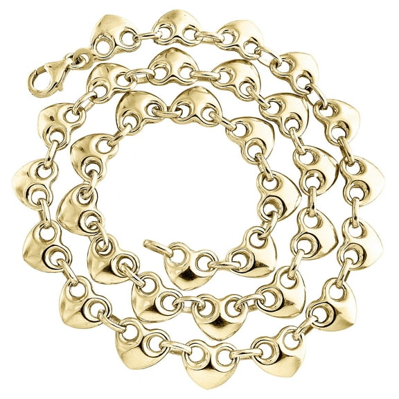 10K Yellow Gold Puffed Dome Heart Fancy Link 8.5mm Chain Statement Necklace 17"