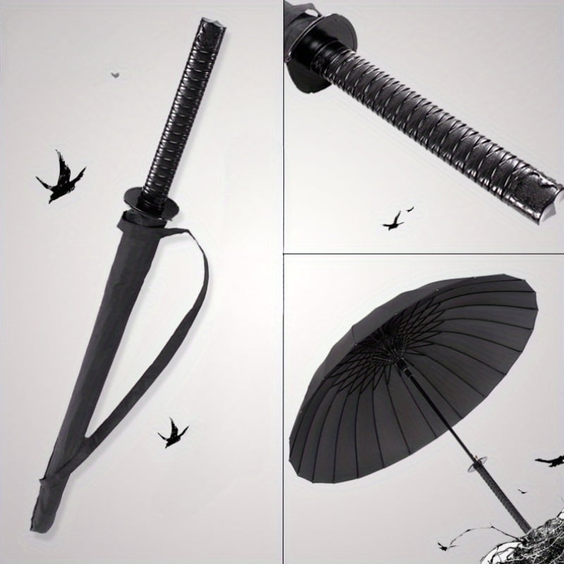 24-Rib Automatic Open Samurai Sword Cane Umbrella - Durable Plastic Handle, Waterproof Nylon Canopy, Stylish Sun & Rain Protectio，Black