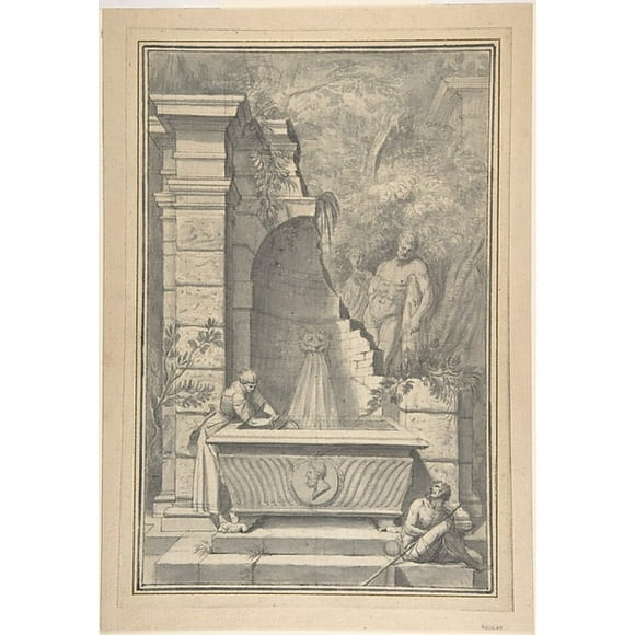 A Woman at a Fountain by a Ruined Temple, the Farnese Hercules in the Background Poster Print by Johannes Antiquus (Dutch, Groningen, 1702 �1750) (18 x 24)