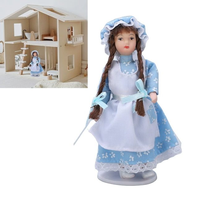 1:12 Dollhouse Ceramic Girl Figures, Bendable Joints Girl Doll In Blue With Hood And Braids, Dollhouse Porcelain DIY Doll Model, Flexible Joint Design For Children Over 3 Years Old