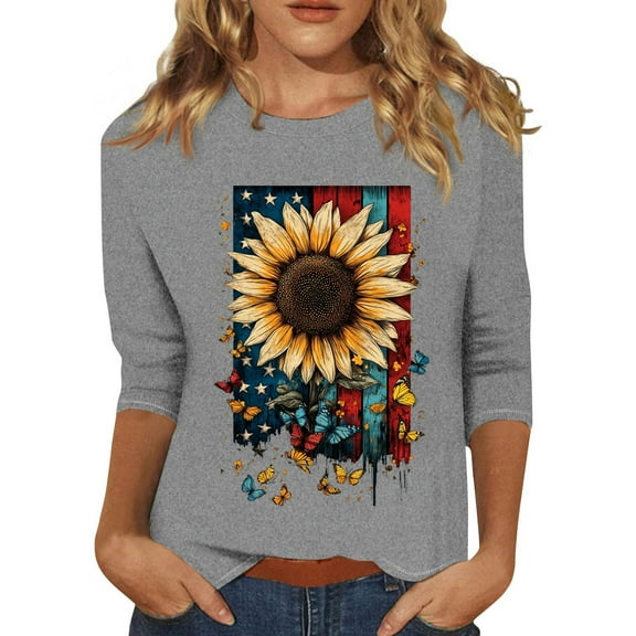 MGCWSH Women's Independence Day Shirt Flag Print Elbow Sleeve Cute Tops Crew Neck Y2k Clothing 2025 Gray L