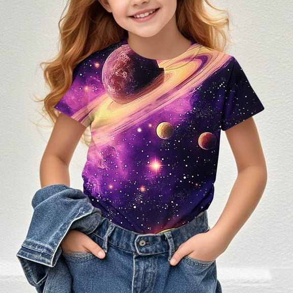 Riecok Girls Short Sleeve T Shirts Round Neck Oversized T Shirts Kids All-match Fashion Lightweight Comfortable Clothes Trendy Purple 3 Years