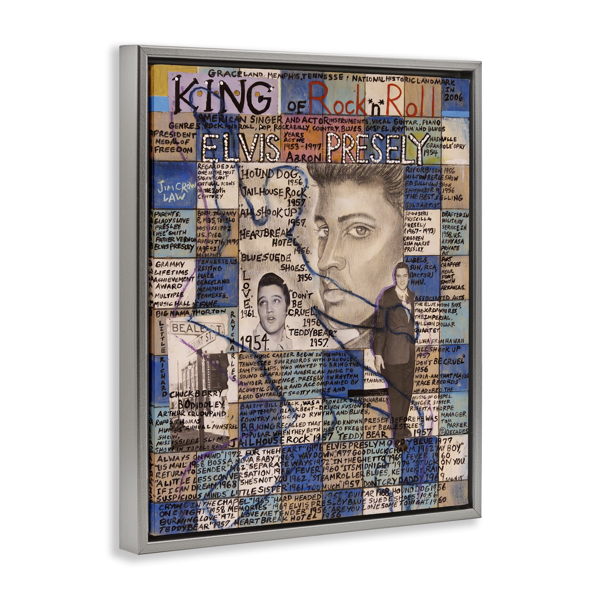 Stupell Industries Elvis Presley Collage People Drawing Gray Floater Framed Canvas Art Print Wall Art, 17 x 21