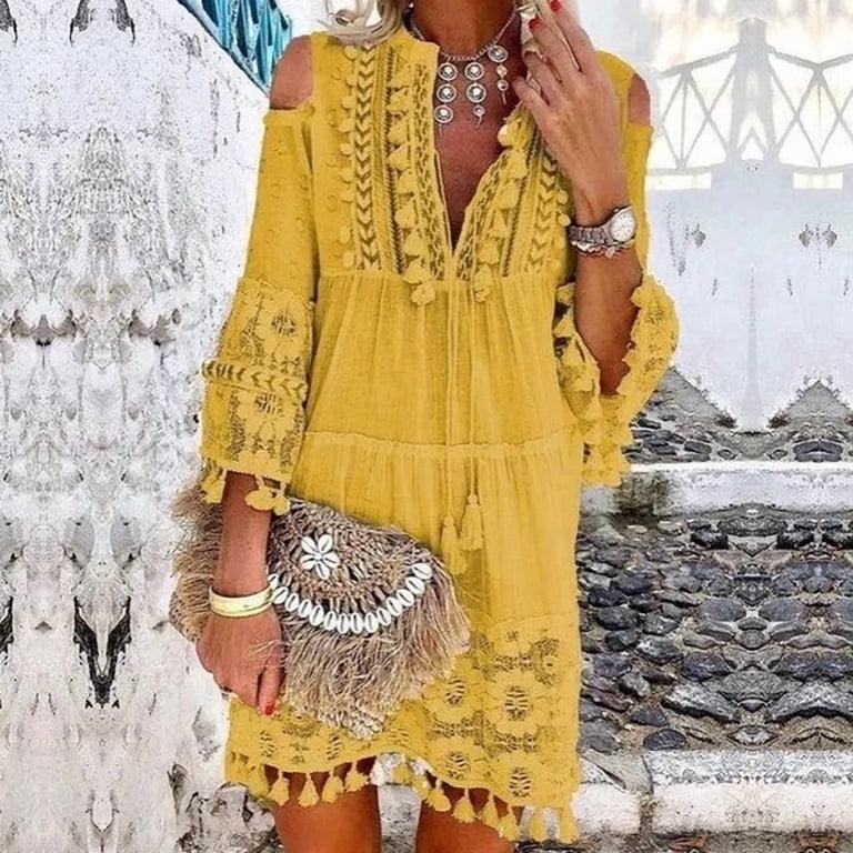 boho dress europe 2026 New European and American Style Women's Boho Cold Shoulder Tassel  Crochet Lace 3/4 Sleeve Loose Mini Beach Dress