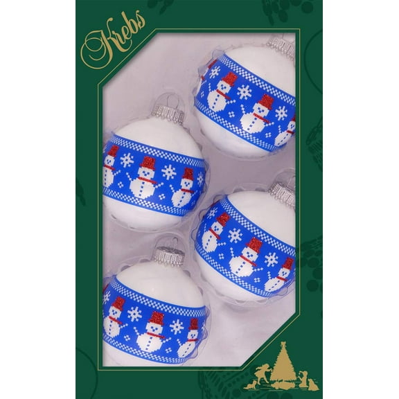 Glass Christmas Tree Ornaments - 67mm/2.63" [4 Pieces] Decorated Balls from Christmas by Krebs Seamless Hanging Holiday Decor (Porcelain White with Stiched Snowman Band)