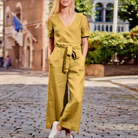 

Xysaqa Women s Summer Jumpsuit Casual Deep V Neck Short Sleeve Wrap Drawstring Waist Loose Overalls Cotton And Linen Romper with Pockets Yellow Clearance