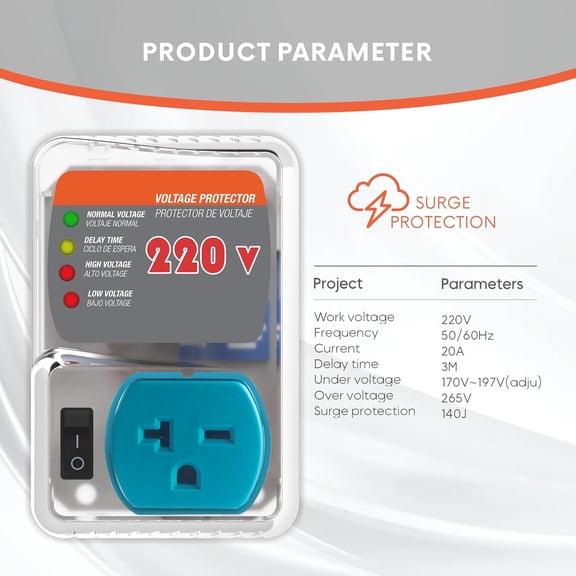 PYYAN-Heavy-Duty 20A 4400W Surge Protector for Appliances, Smart Circuit Plug with Outlet Saver & Power Strip for Refrigerator, Air Conditioner, High-Power Devices, Overload & Voltage Protection 140