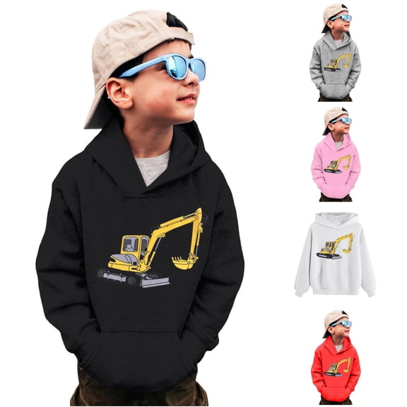 Vividxx Boys Hoodies Excavator Print Long Sleeve Hooded Sweatshirt With Pocket Pullover Tops For Fall Winter Clothes 5-6 Years
