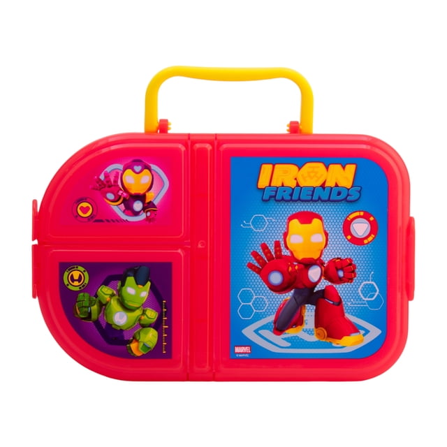 Contenedor Lunch Box Plástico, Diseño Iron Friends Marvel, 3 Divisiones con Cierre de Clip, Libre de BPA, Color Rojo