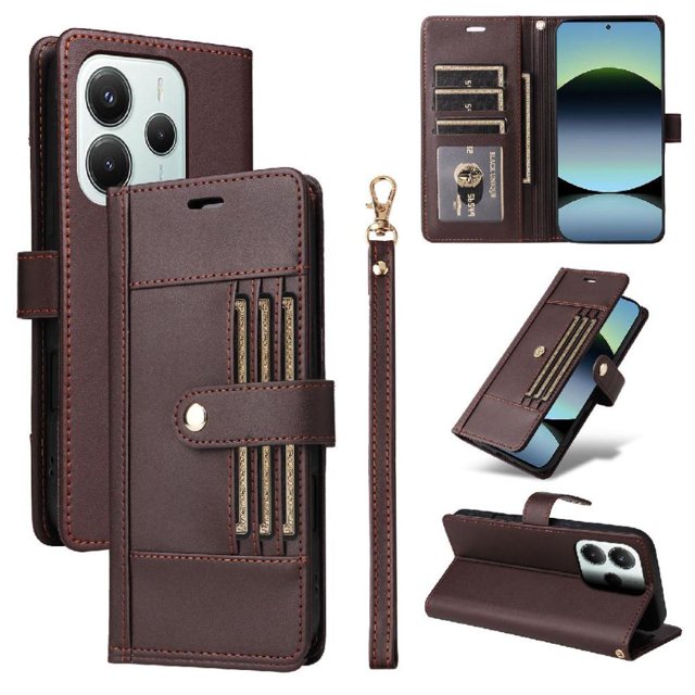 FOXDOCK Wallet Case for Xiaomi Redmi Note 14 5G – PU Leather Flip Cover with Multi Card Slots, Cash Pocket & Wrist Strap