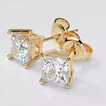2.00 Ct Princess Cut Natural Moissanite Diamond Stud Earrings 14K Yellow Gold Plated