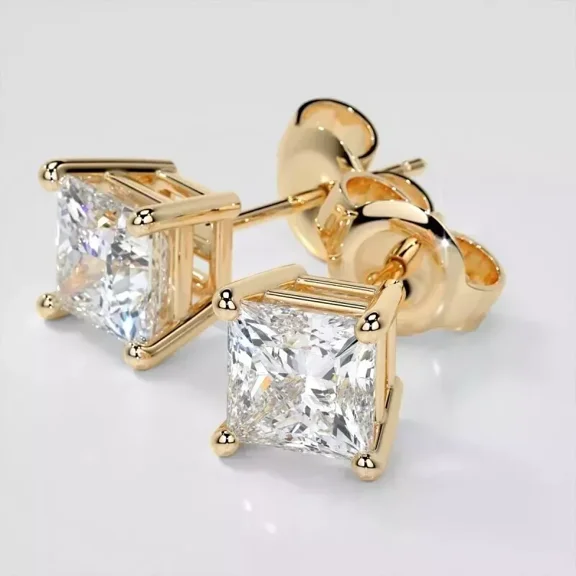 2.00 Ct Princess Cut Natural Moissanite Diamond Stud Earrings 14K Yellow Gold Plated