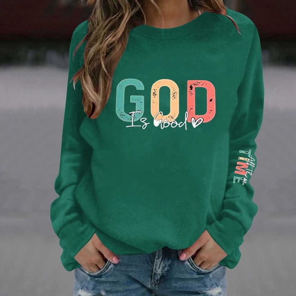 Tops for Women Long-sleeved Round Neck Printed Winter Loose Sweater Top,Womens Blouse Green XL
