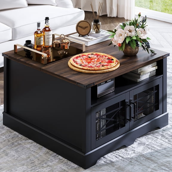 Square Coffee Table Farmhouse Coffee Tables for Living Room, Coffee Table with Storage, Black Coffee Table with Hidden Compartment, Rustic Center Table with Lift-up Top