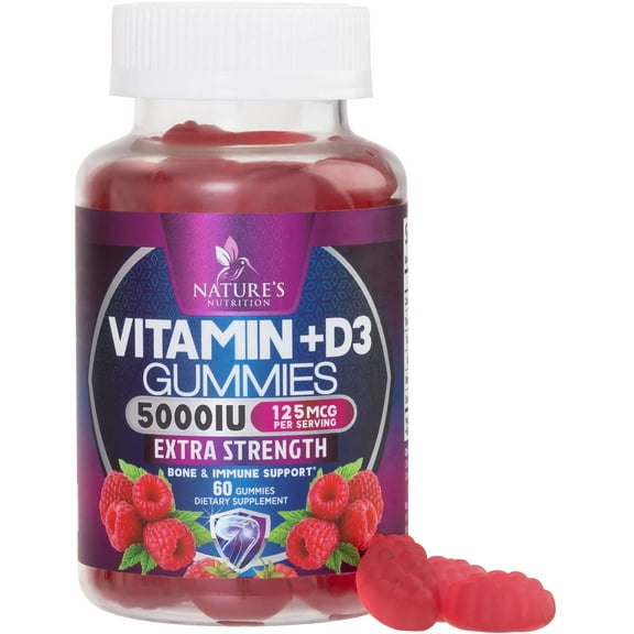 Vitamin D3 Supplement Gummy 5000 IU (125 mcg) Dietary Vitamins D for Men & Women - Bone, Teeth, Muscle and Immune Health Support, High Potency VIT D3 Nature's Non-GMO & Gluten Free - 60 Gummies