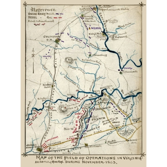 Historical Civil War Map - Virginia State Operations - Sneden 1863 - Vintage Wall Art