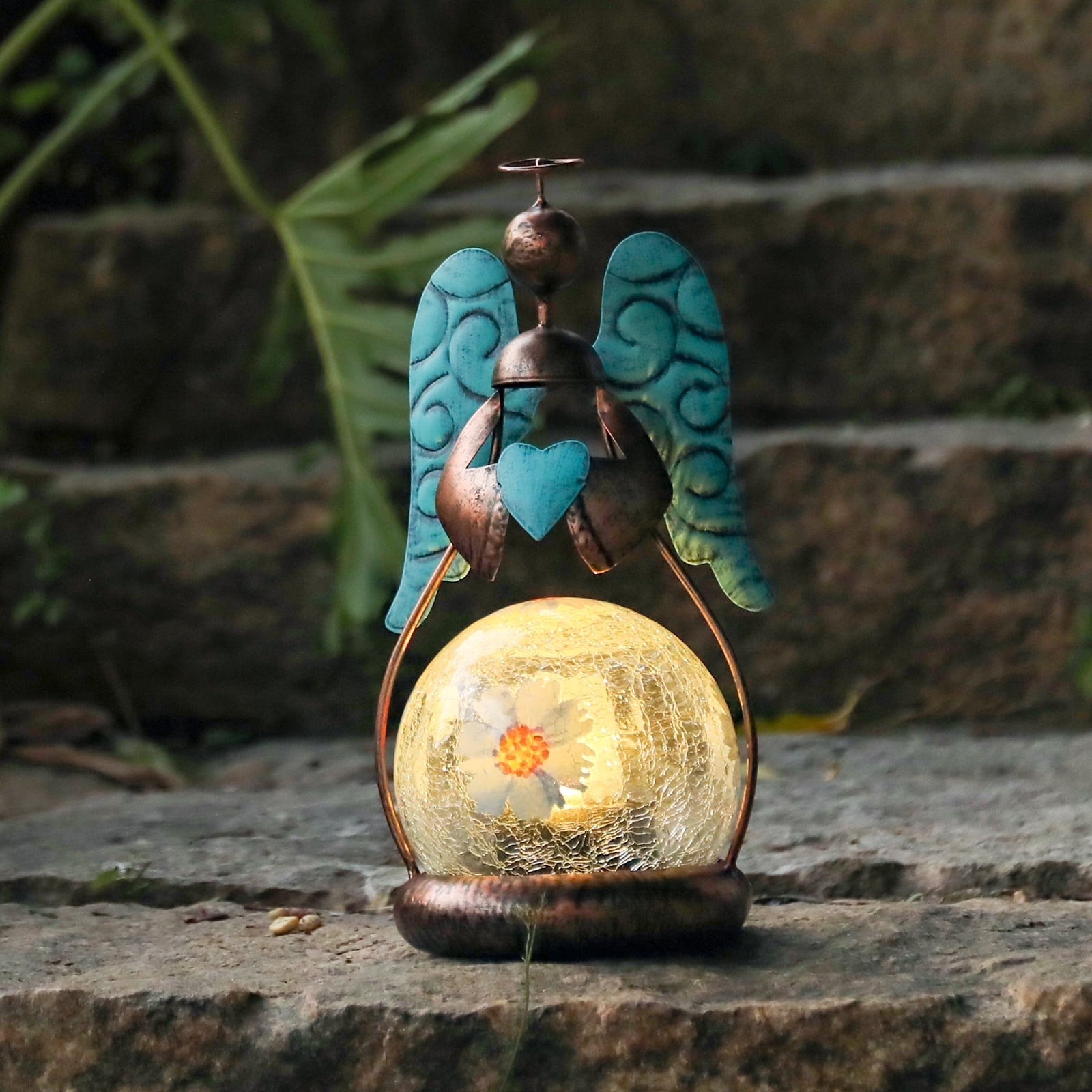 Outdoor Decor, Solar Angel Statue,Solar Statue,Crackle Glass Globe with Flower,For Patio,Gardens and Lawns Decoration