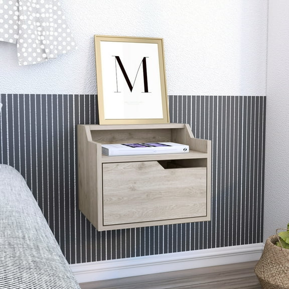Modern Bedroom Nightstand In Grey With Single And Double-tiered Top Sleek Floating Gray Drawer Spacious Shelf